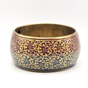 Vintage Chunky Brass Bangle Bracelet Gold Tone Enamel Floral‎ Pattern Wide